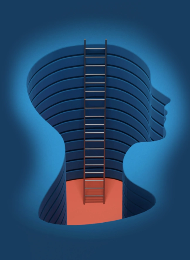 Illustration of a ladder extending from a human head, representing IFS's depth-oriented approach to healing